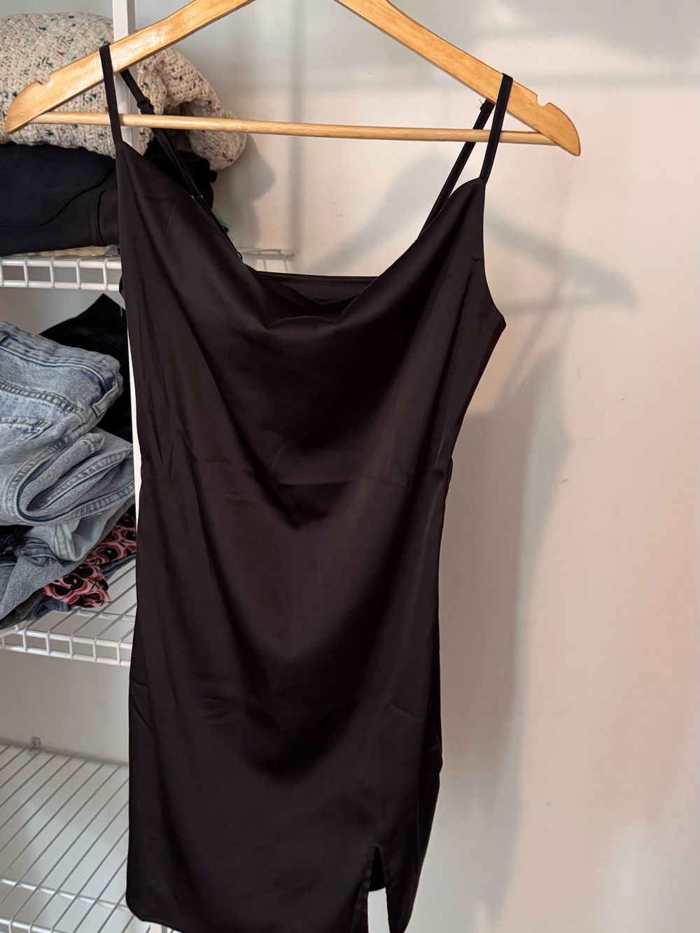 Black Cowl Neck Mini Dress with Side Slit